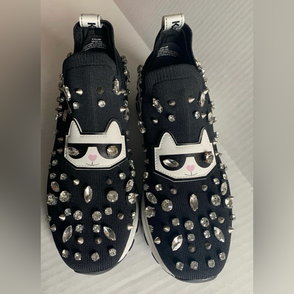 Karl Lagerfeld Black Cat Embellished Sneakers Shoes size 8.5
